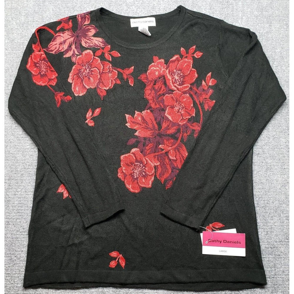 Cathy Daniels Sweater Womens L Black Red Floral Round Neck Long Sleeve New